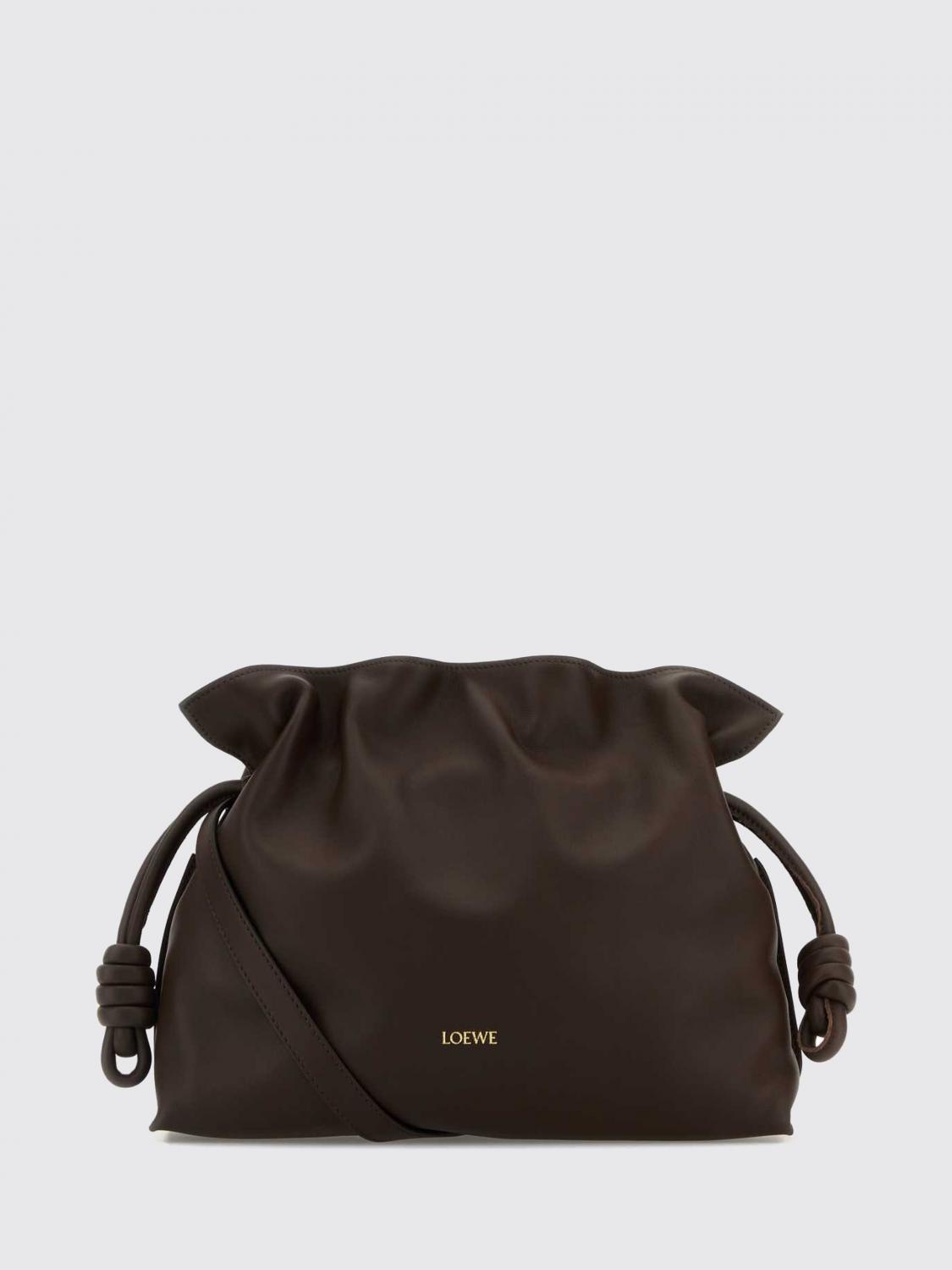 LOEWE BORSA A TRACOLLA: Borsa a secchiello Flamenco Loewe media in pelle di vitello con coulisse, Cacao - Img 1