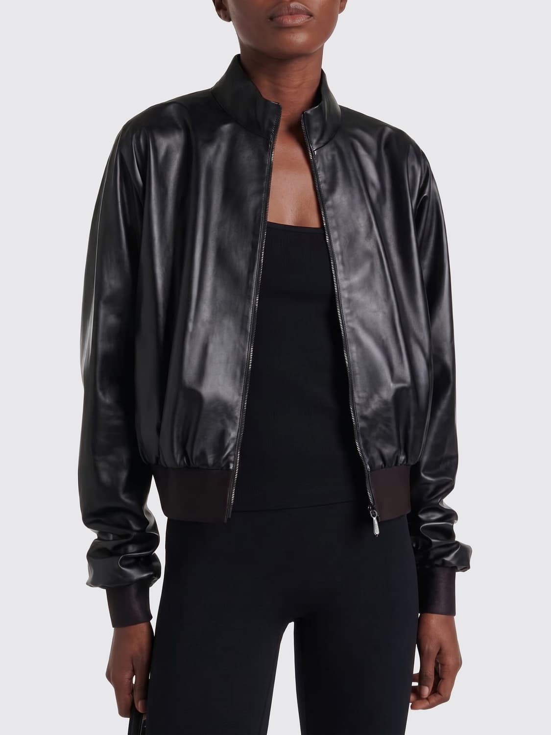 GUCCI GIACCA: Bomber Gucci in pelle nappa con collo alto e chiusura a zip, Nero - Img 1