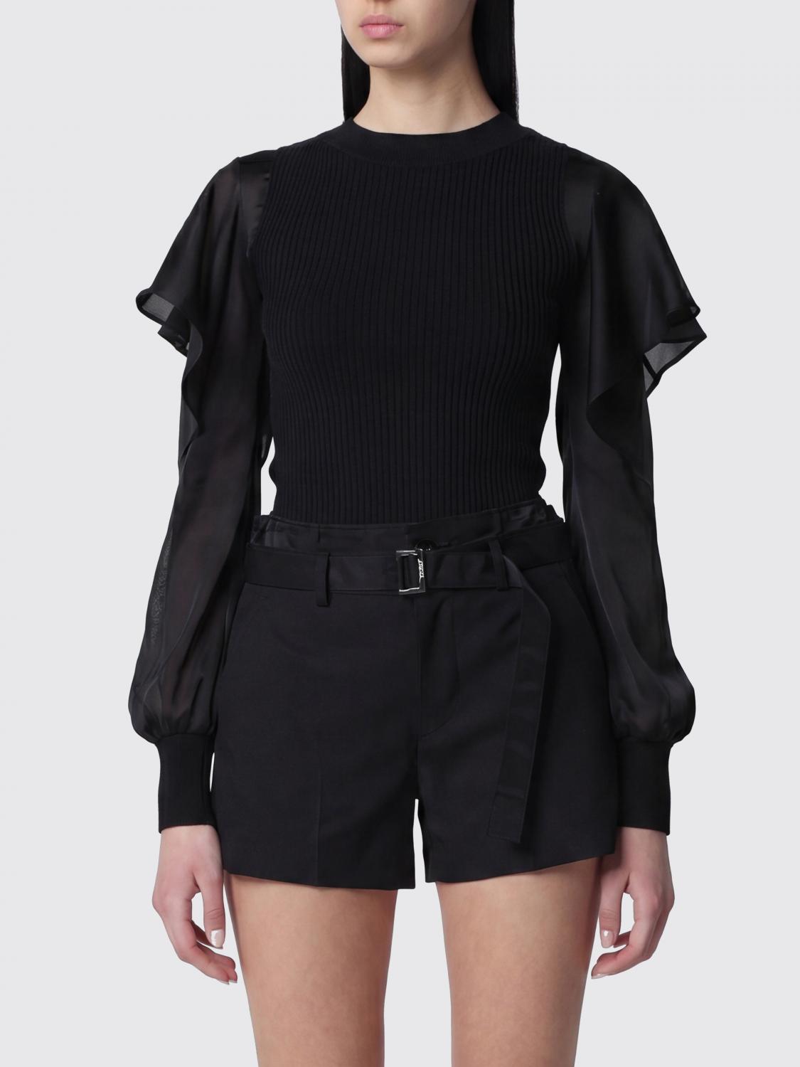 SACAI TOP: Top in maglia a coste Sacai a maniche lunghe con applicazione di rouches, Nero - Img 1