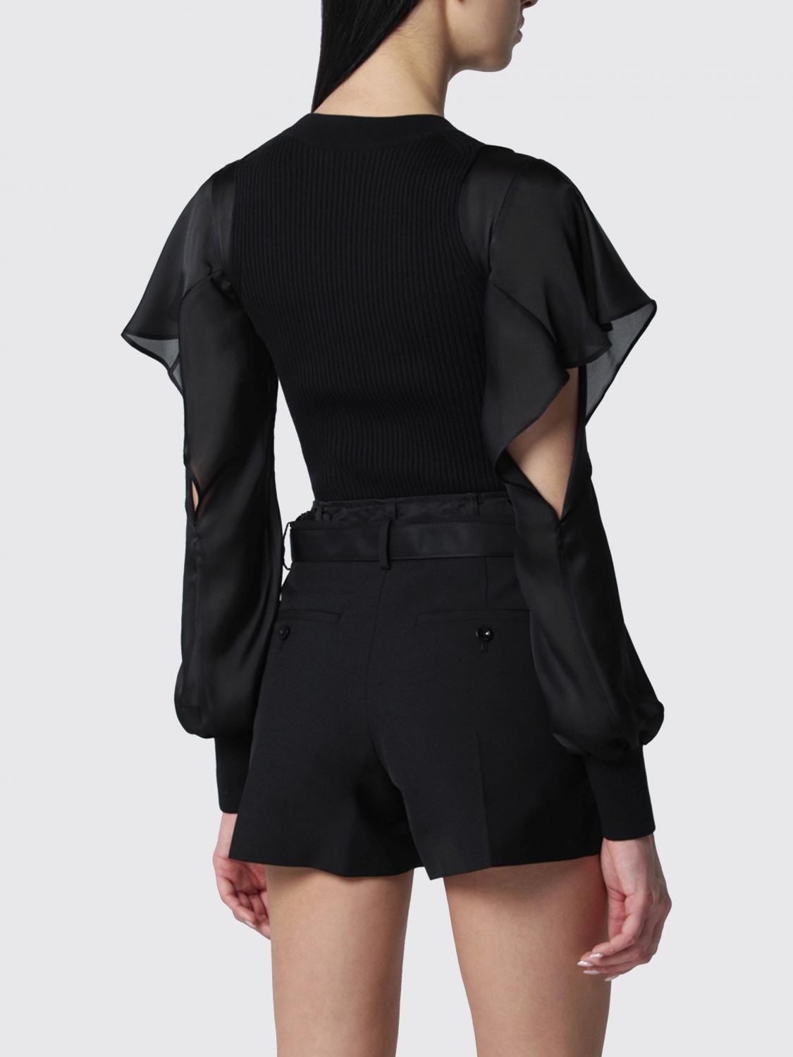 SACAI TOP: Top in maglia a coste Sacai a maniche lunghe con applicazione di rouches, Nero - Img 2