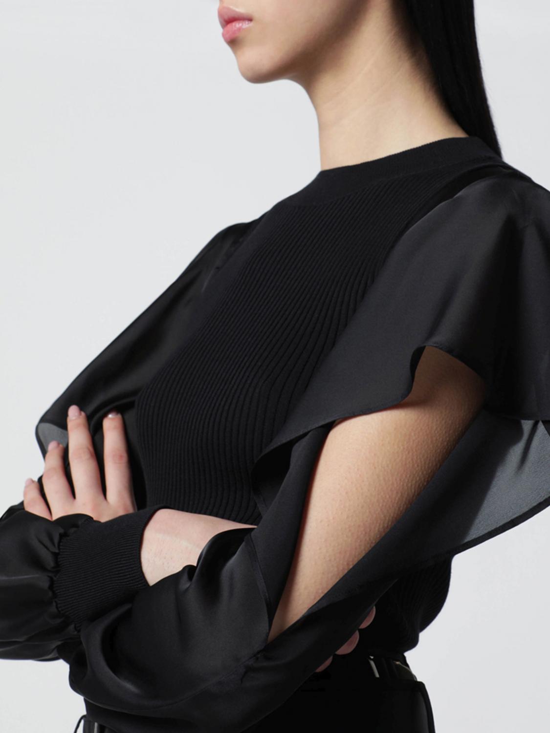 SACAI TOP: Top in maglia a coste Sacai a maniche lunghe con applicazione di rouches, Nero - Img 3