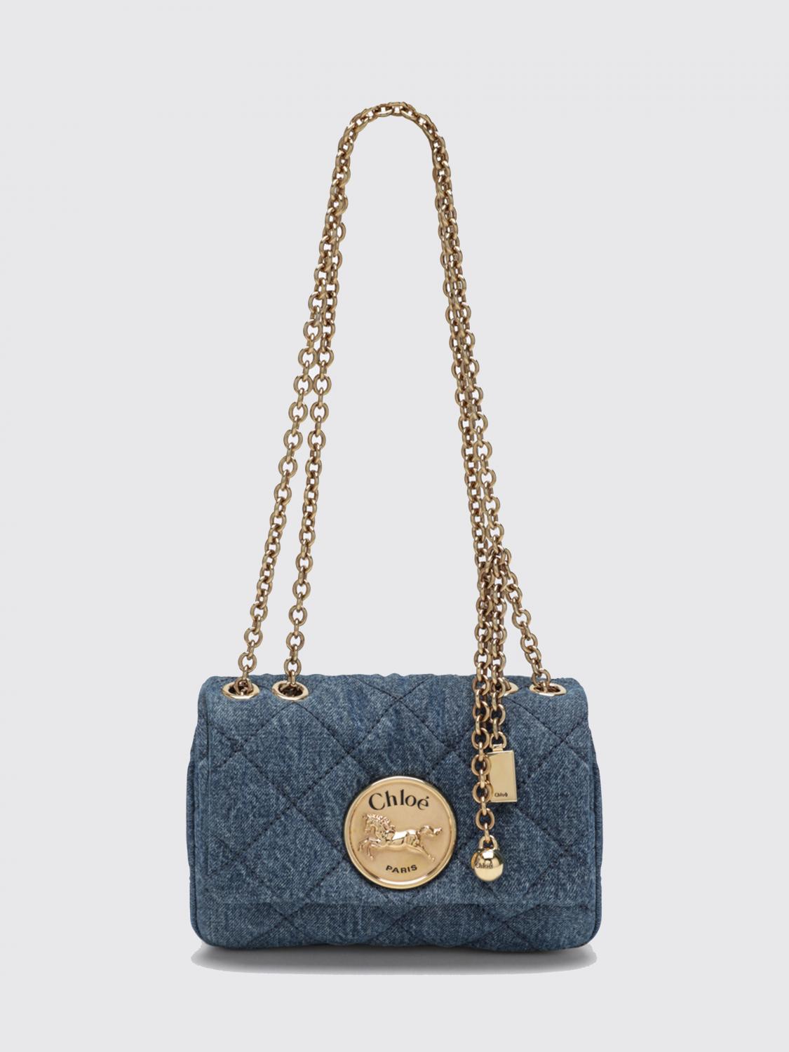 CHLOÉ BORSA MINI: Mini borsa Heritage Chloé in denim di cotone trapuntato con tracolla a catena, Blue - Img 1