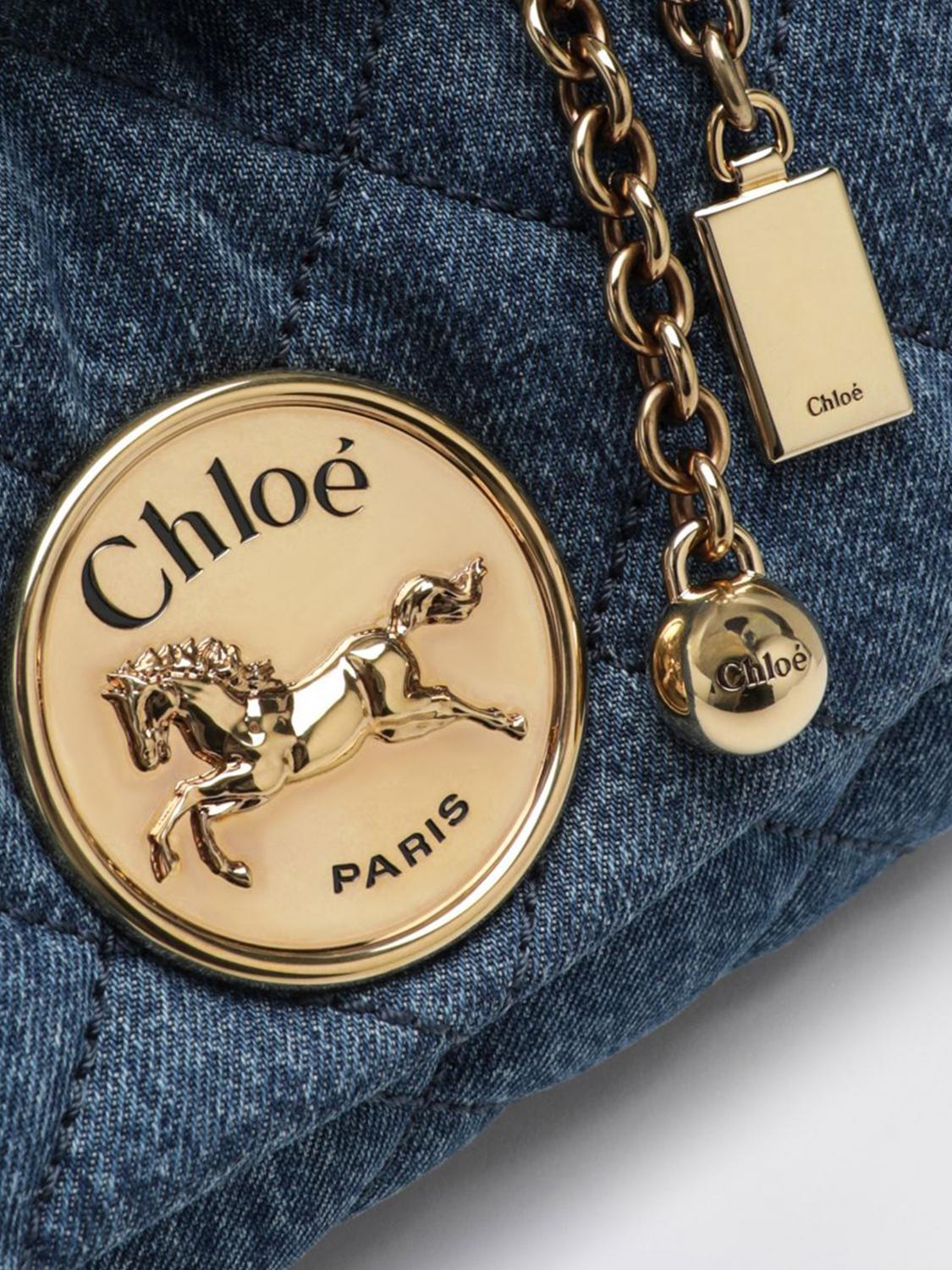 CHLOÉ BORSA MINI: Mini borsa Heritage Chloé in denim di cotone trapuntato con tracolla a catena, Blue - Img 3