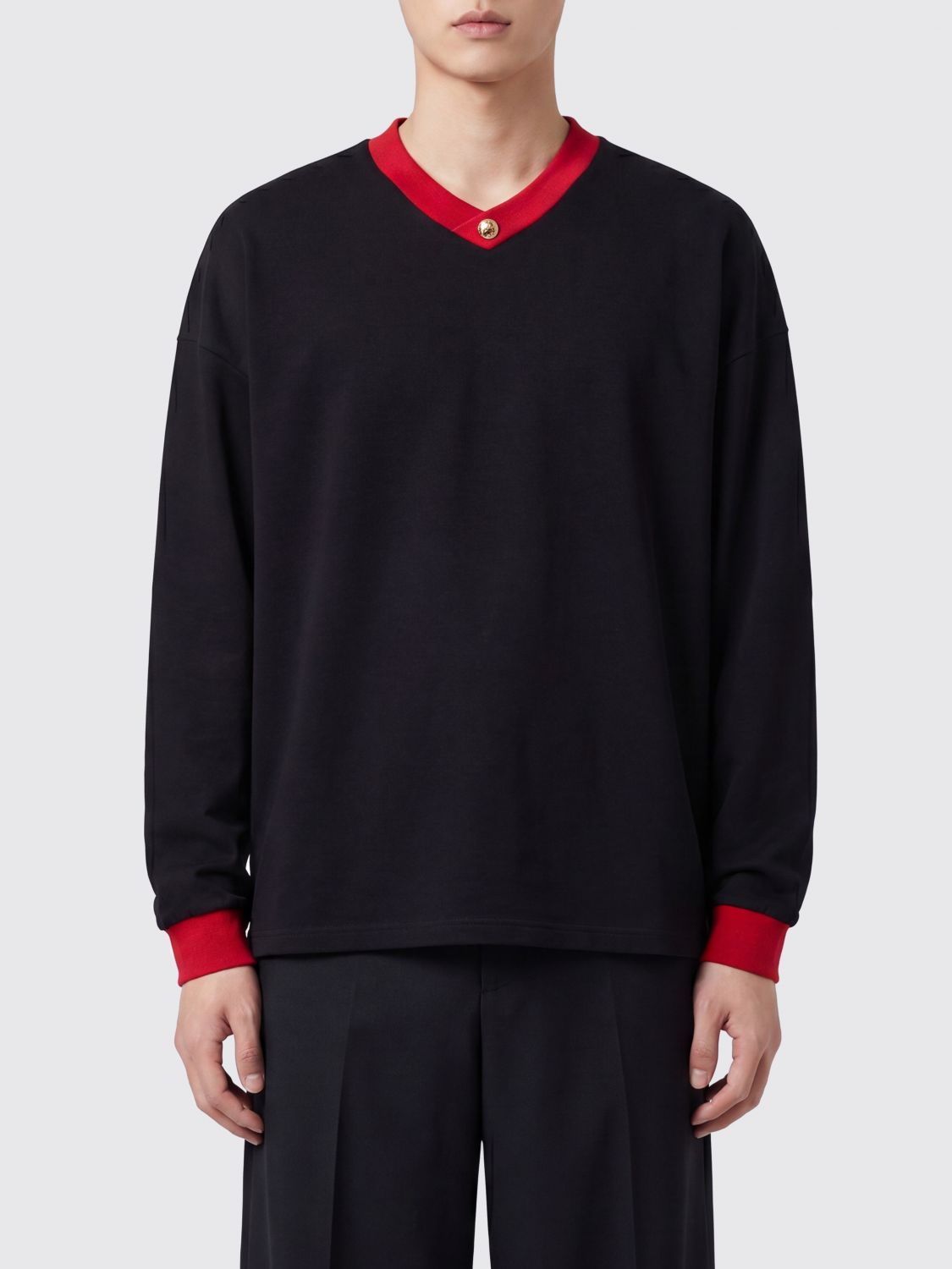 VERSACE CAMISETA: Camiseta de manga larga y cuello de pico Versace de algodón con ribetes en contraste, Negro - Img 1