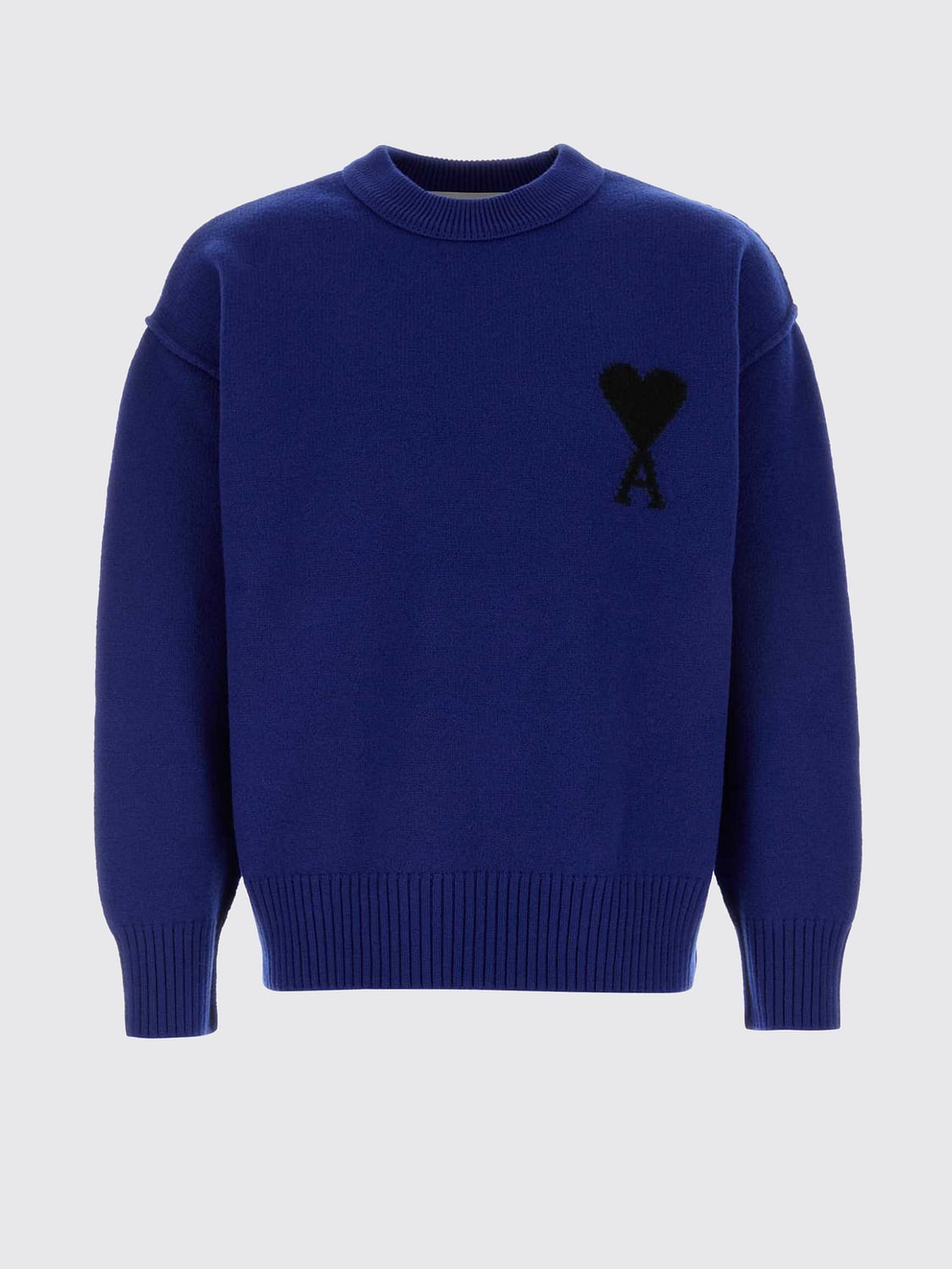AMI PARIS JERSEY: Jersey de cuello redondo Ami Paris de lana con logo en contraste, Azul Marino - Img 2