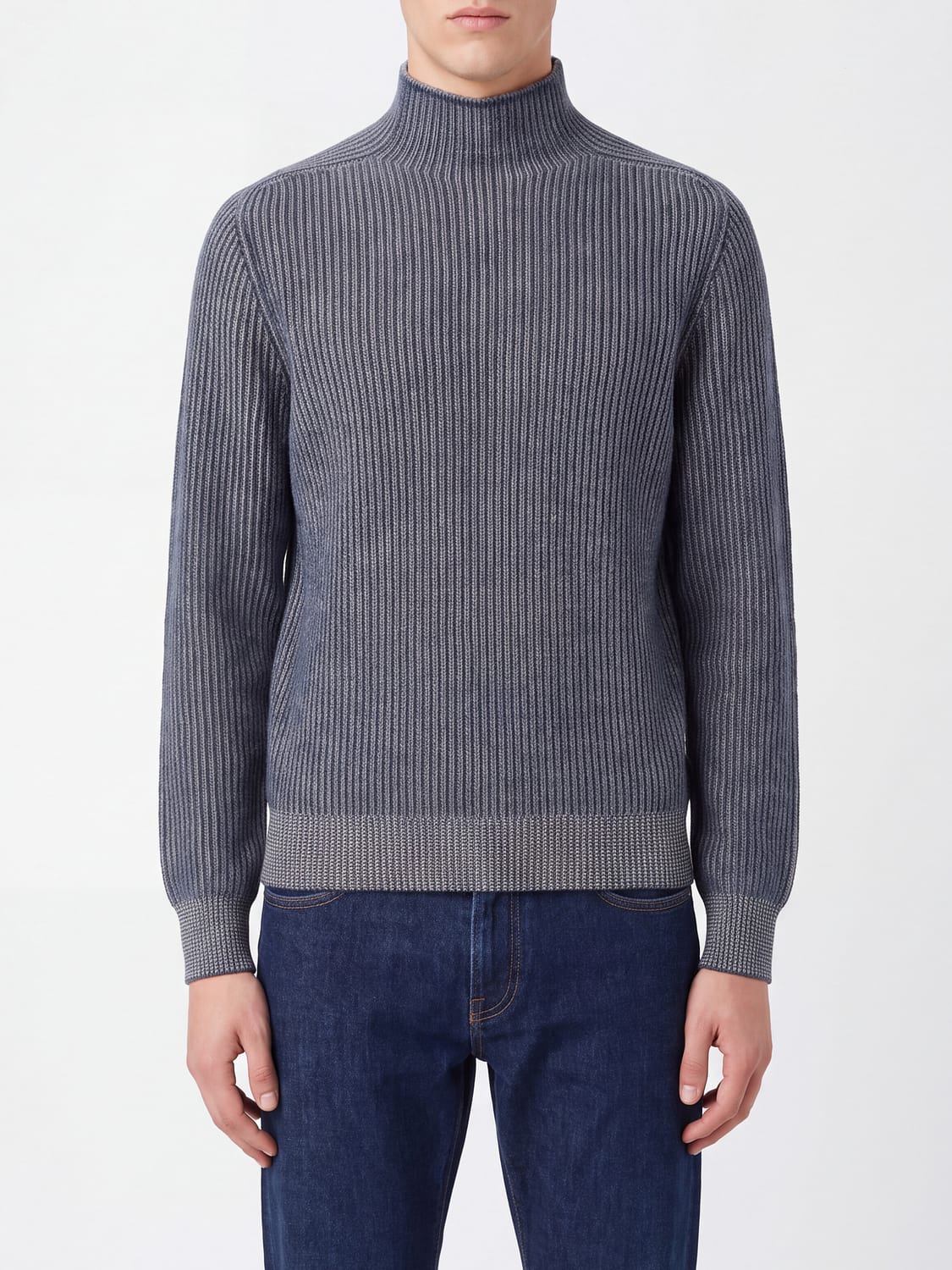 BRUNELLO CUCINELLI SWEATER: Brunello Cucinelli High-Neck Jumper in Pure Sand-Coloured Cashmere, Blue - Img 1