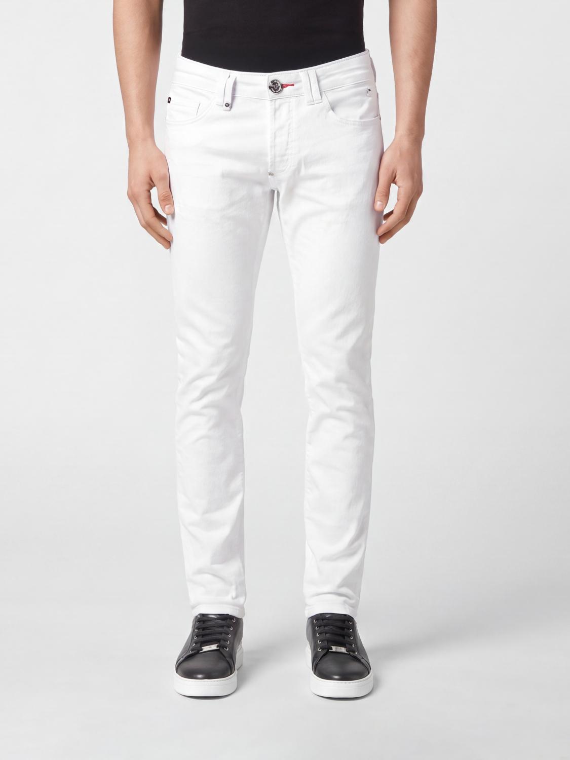 PHILIPP PLEIN JEANS: Jeans skinny Philipp Plein in denim di cotone con vestibilità slim e logo metallico, Bianco - Img 1