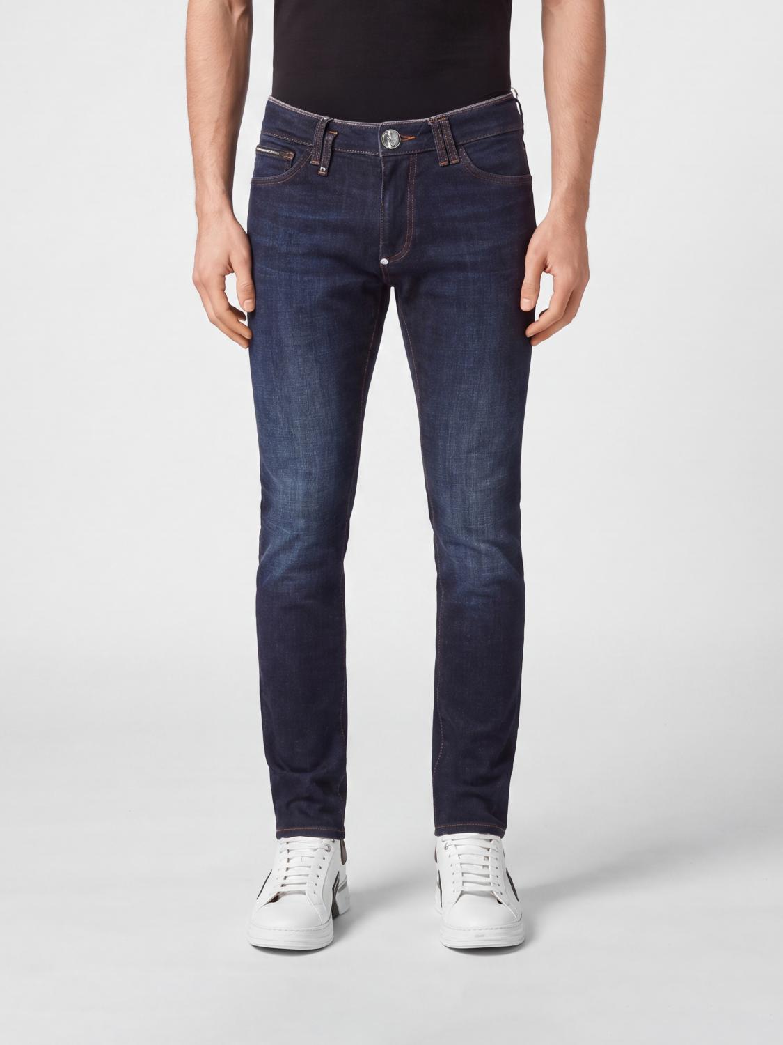 PHILIPP PLEIN JEANS: Vaqueros skinny Philipp Plein de denim de algodón slim fit con placa del logo metálica, Azul Oscuro 1 - Img 1
