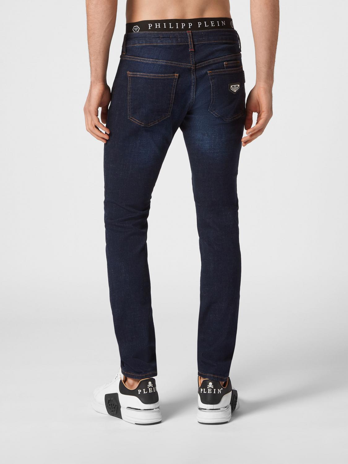 PHILIPP PLEIN JEANS: Vaqueros skinny Philipp Plein de denim de algodón slim fit con placa del logo metálica, Azul Oscuro 1 - Img 2
