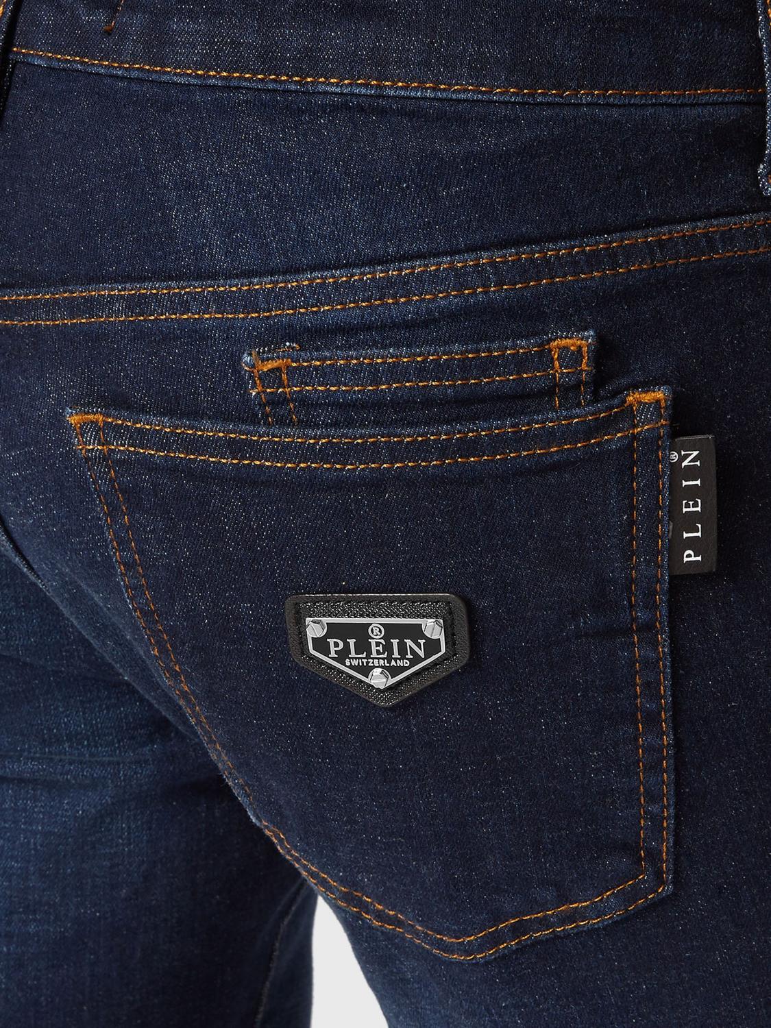 PHILIPP PLEIN JEANS: Vaqueros skinny Philipp Plein de denim de algodón slim fit con placa del logo metálica, Azul Oscuro 1 - Img 3