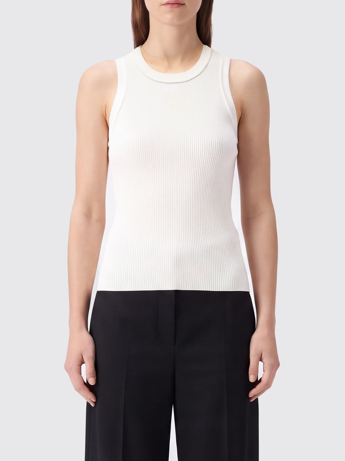 LOEWE TOP: Top sin mangas Loewe de viscosa elástica con monograma en jacquard, Blanco - Img 1
