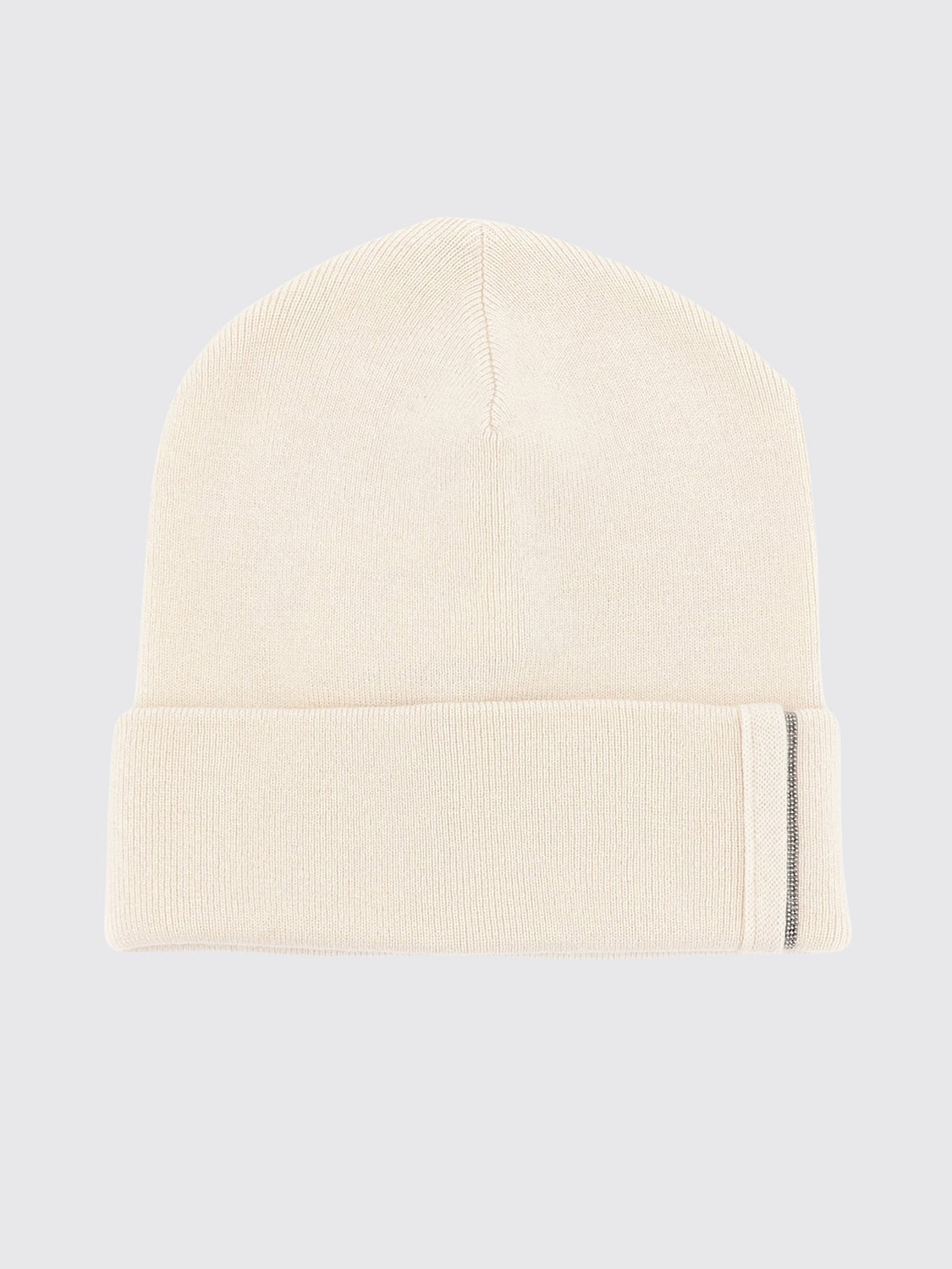 BRUNELLO CUCINELLI HUT: Beanie aus reinem Kaschmir von Brunello Cucinelli mit Umschlag und Monili-Verzierung, Weiß - Img 1