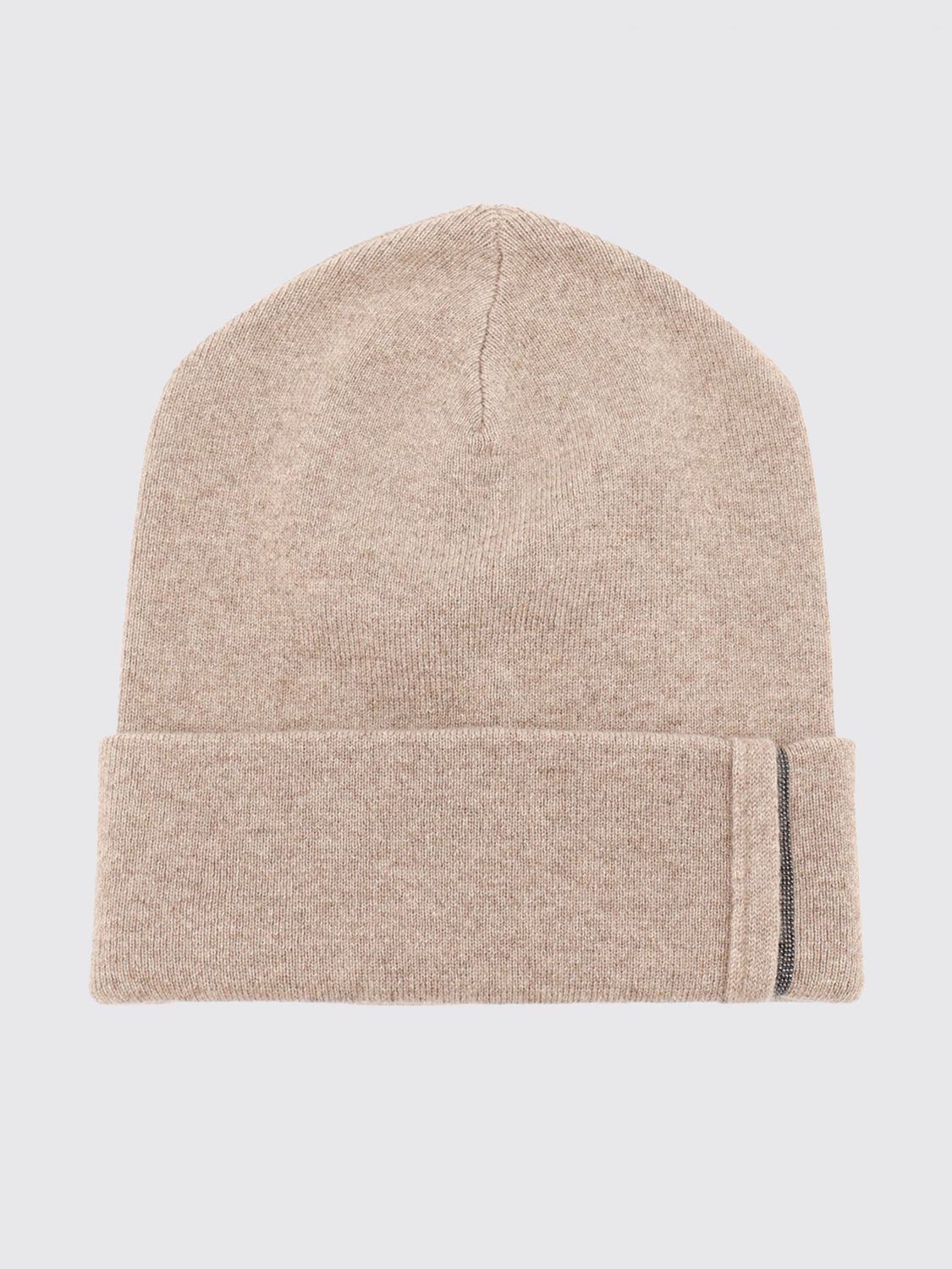 BRUNELLO CUCINELLI HAT: Brunello Cucinelli Cuffed Pure Cashmere Beanie with Monili Embellishment, Brown - Img 1