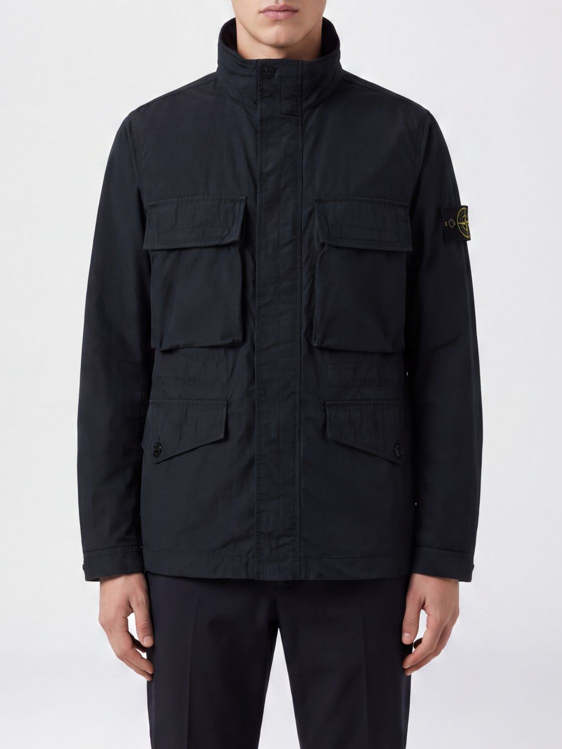 STONE ISLAND COAT: Stone Island Short Technical Twill Parka with High Neck and Compass Logo, Black - Img 1