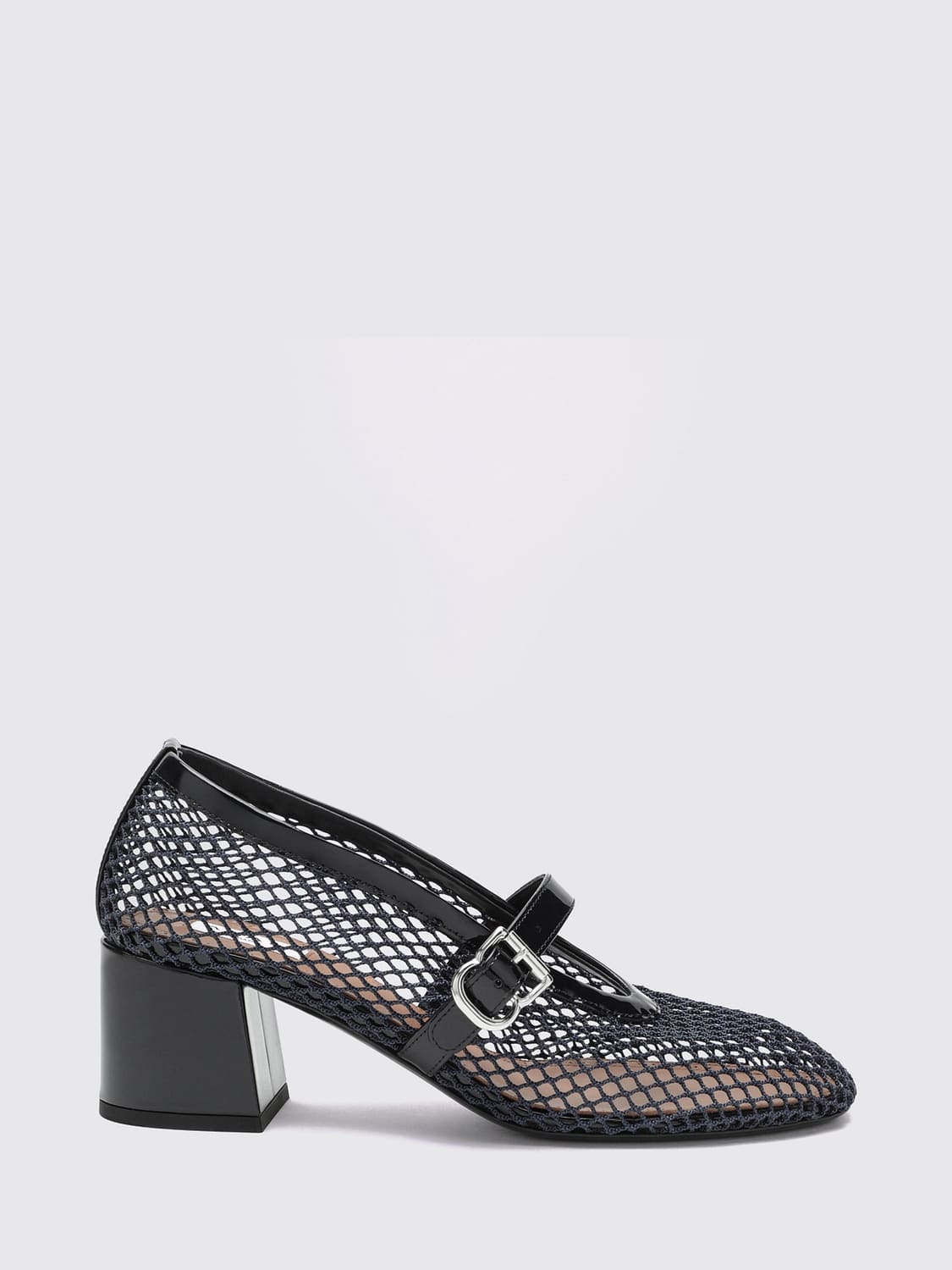 ALAÏA PUMPS: Alaïa Mary-Jane-Pumps aus Lackleder und Mesh mit mittlerem Blockabsatz, Tinte - Img 1