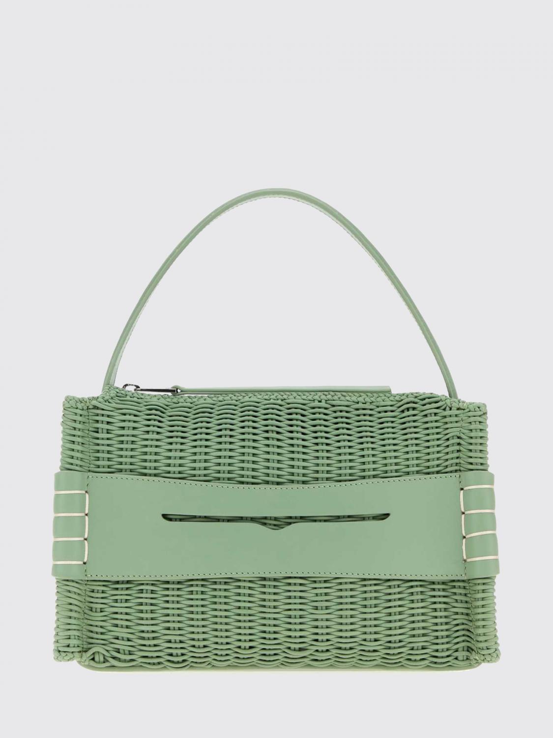 JW ANDERSON BORSA A MANO: Borsa a mano media Loafer JW Anderson in pelle intrecciata con logo impresso, Salvia - Img 1