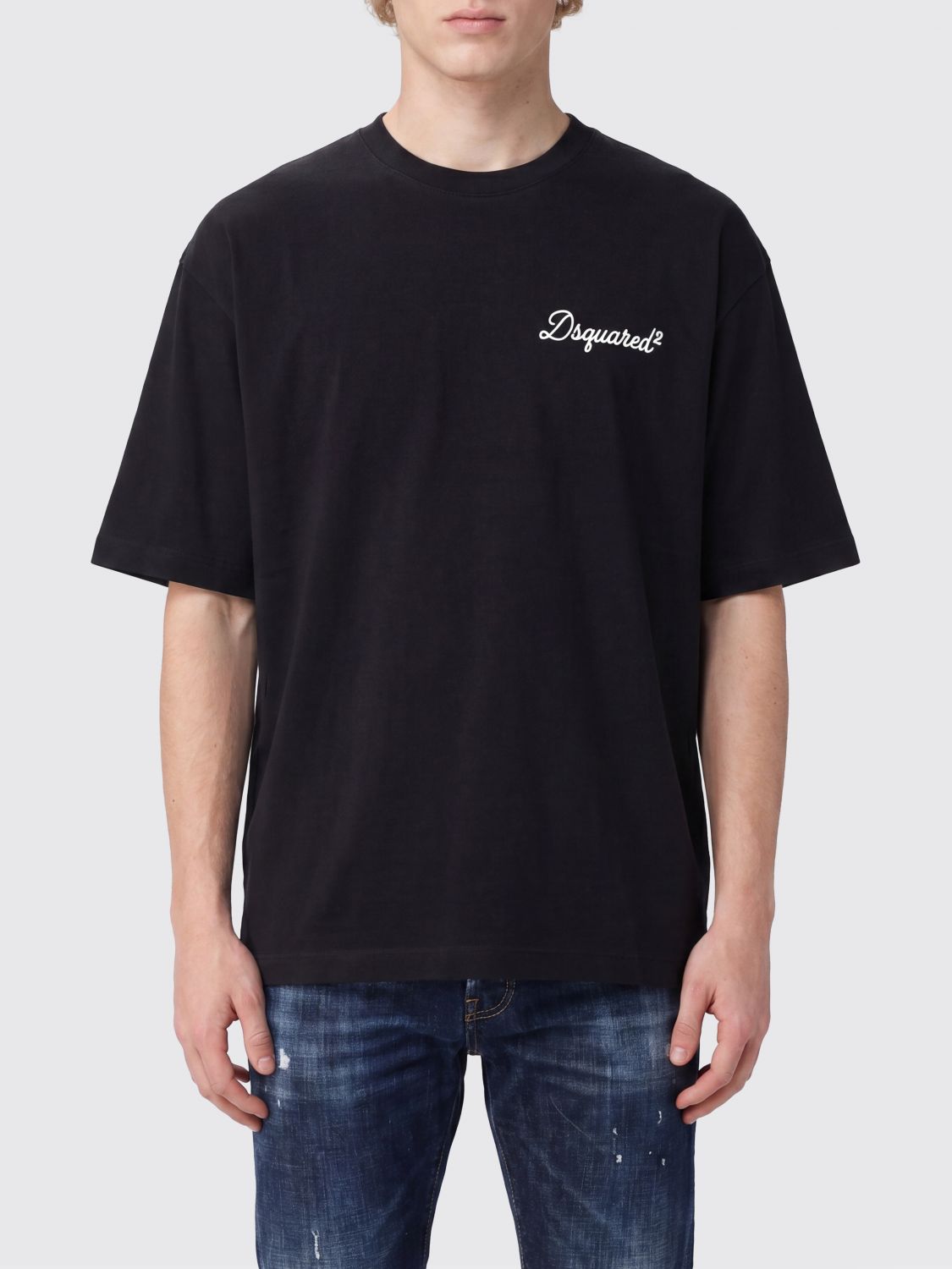 DSQUARED2 CAMISETA: Camiseta Dsquared2 de algodón con cuello redondo y logo frontal en contraste, Negro - Img 1