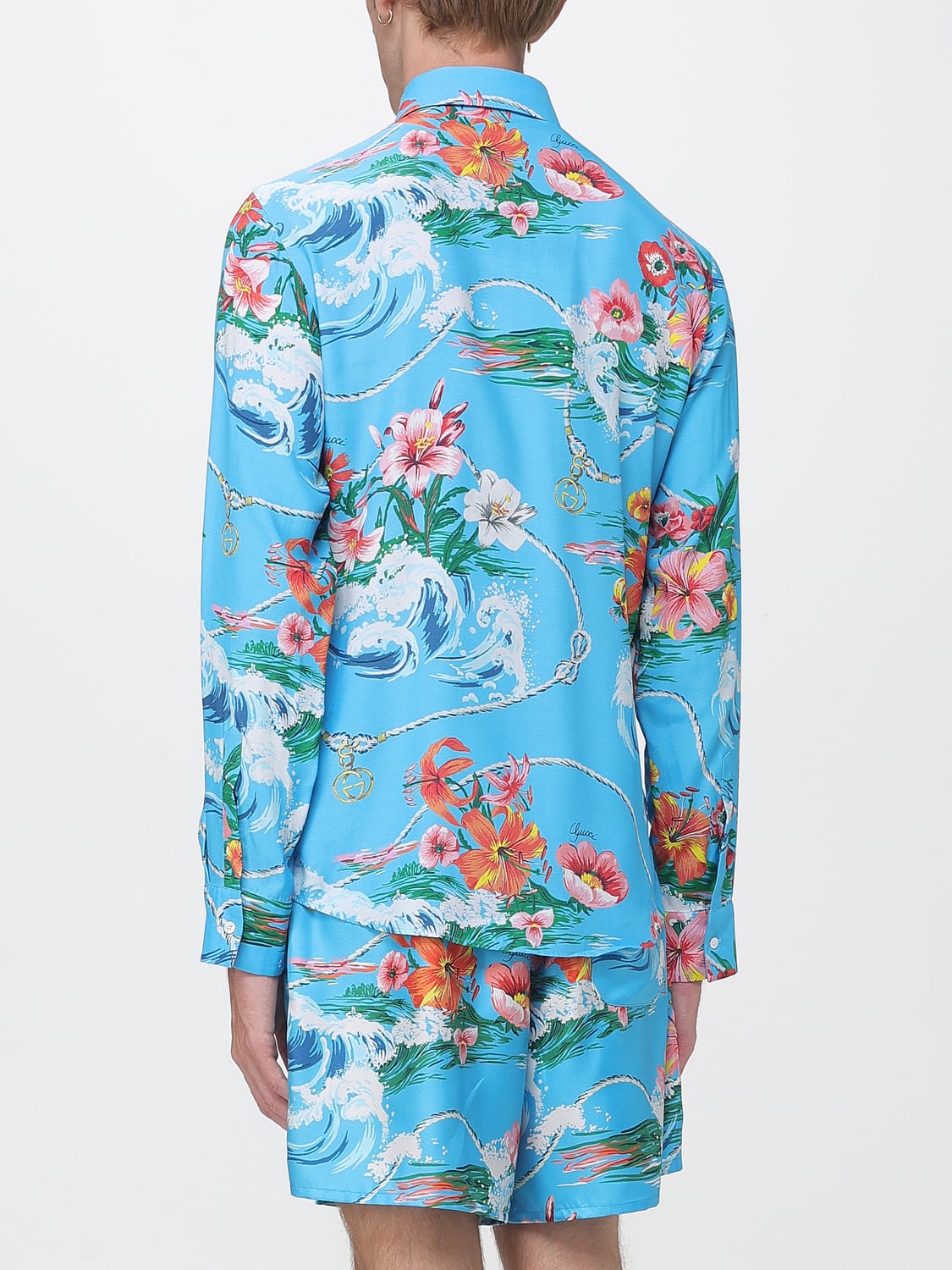 GUCCI HEMD: Gucci Lässiges Viskosehemd mit durchgehendem Blumendruck, Hellblau - Img 3