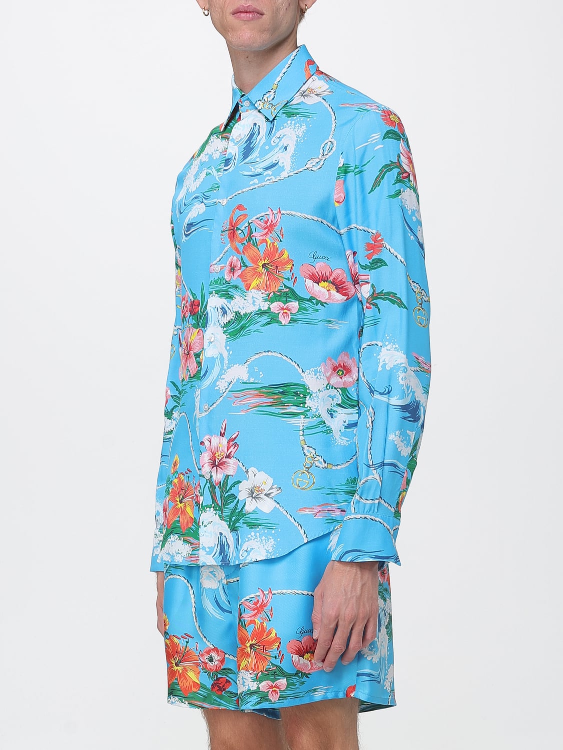 GUCCI HEMD: Gucci Lässiges Viskosehemd mit durchgehendem Blumendruck, Hellblau - Img 4