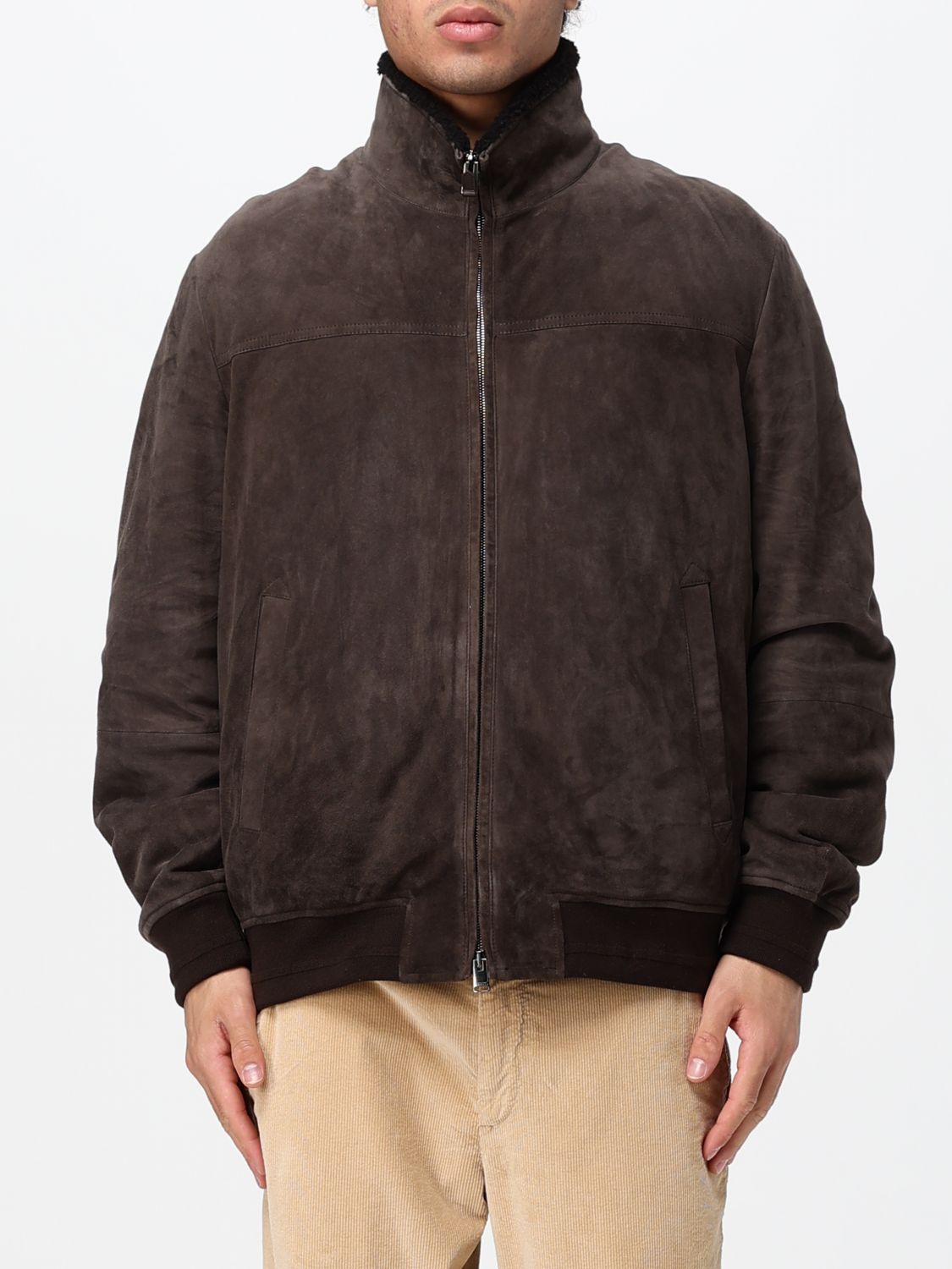 CANALI JACKET: Suede Leather Bomber Jacket Canali with Fur Collar and Elasticated Hem, Dark - Img 1