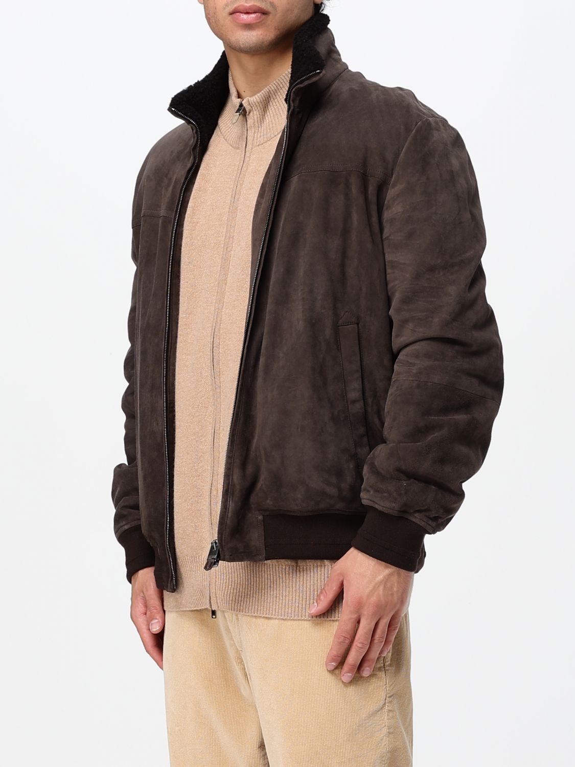 CANALI JACKET: Suede Leather Bomber Jacket Canali with Fur Collar and Elasticated Hem, Dark - Img 3