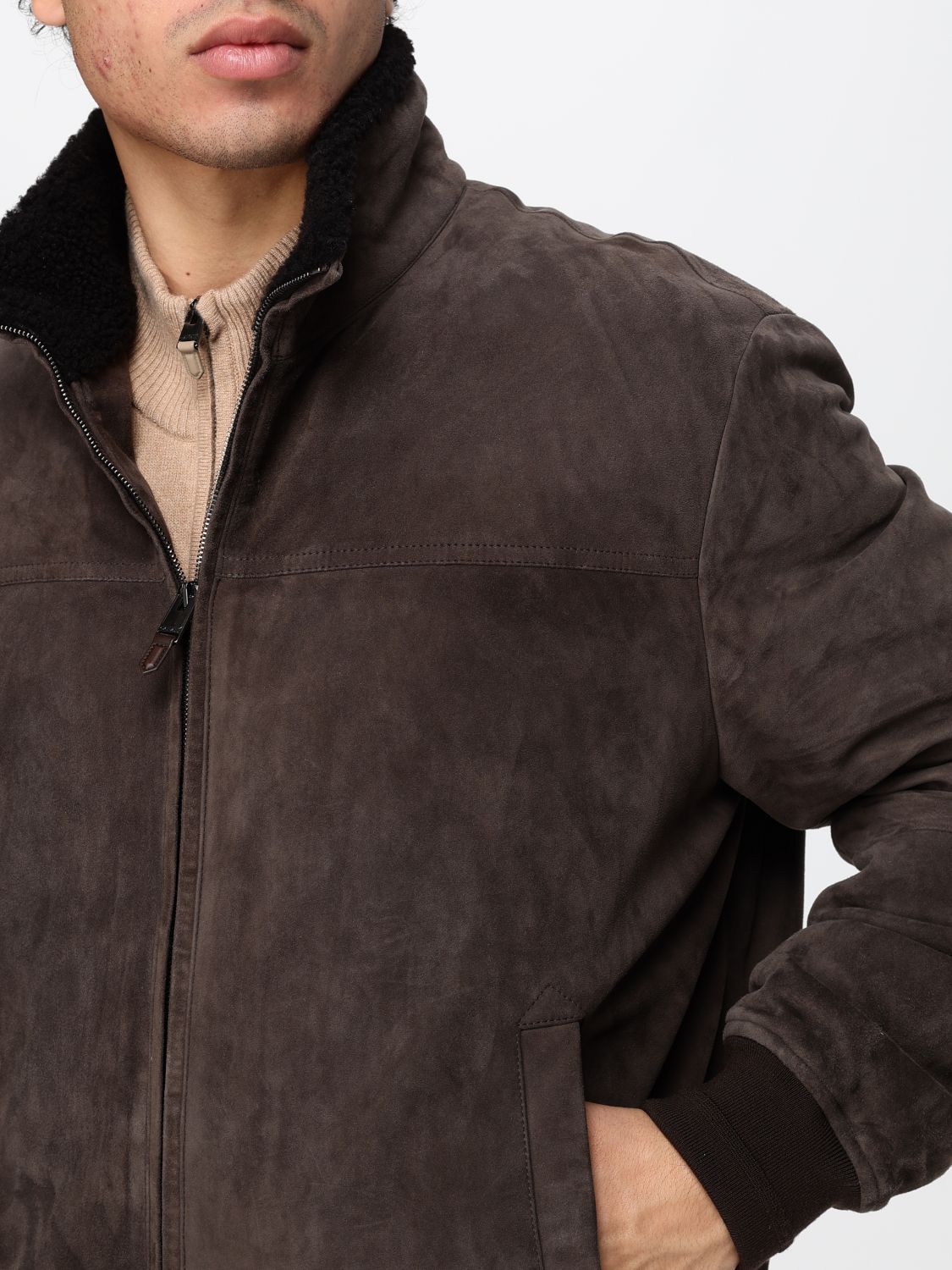 CANALI JACKET: Suede Leather Bomber Jacket Canali with Fur Collar and Elasticated Hem, Dark - Img 4