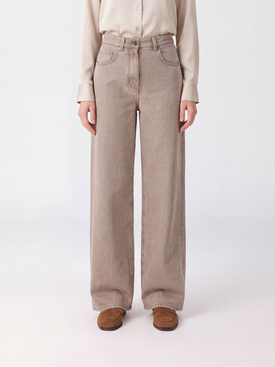 BRUNELLO CUCINELLI JEANS: High-Waisted Wide Leg Cotton Denim Jeans by Brunello Cucinelli, Beige - Img 1