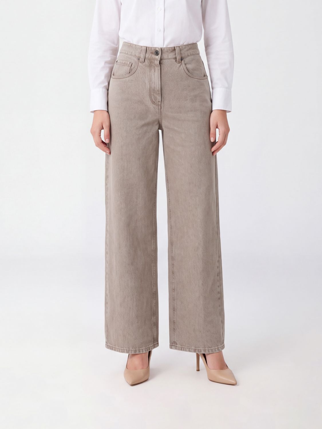 BRUNELLO CUCINELLI JEANS: High-Waisted Wide Leg Cotton Denim Jeans by Brunello Cucinelli, Navy - Img 1