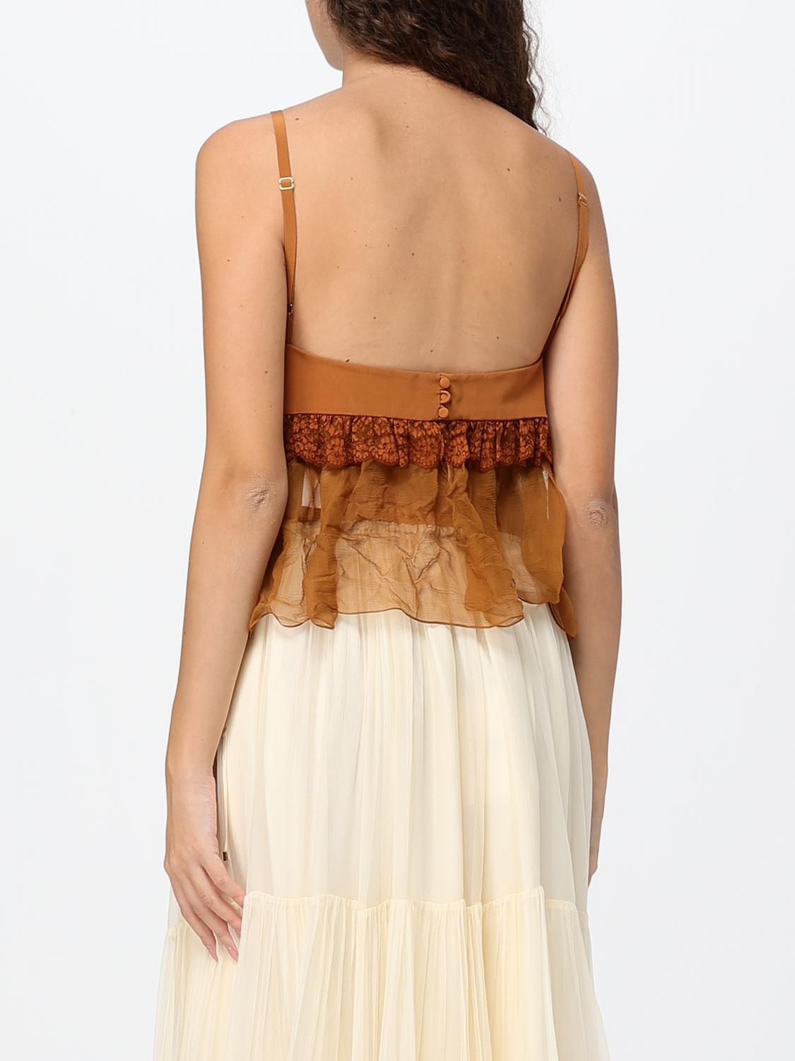 CHLOÉ TOP: Chloé Off-the-Shoulder Pleated Lace and Tulle Evening Top, Brown - Img 3