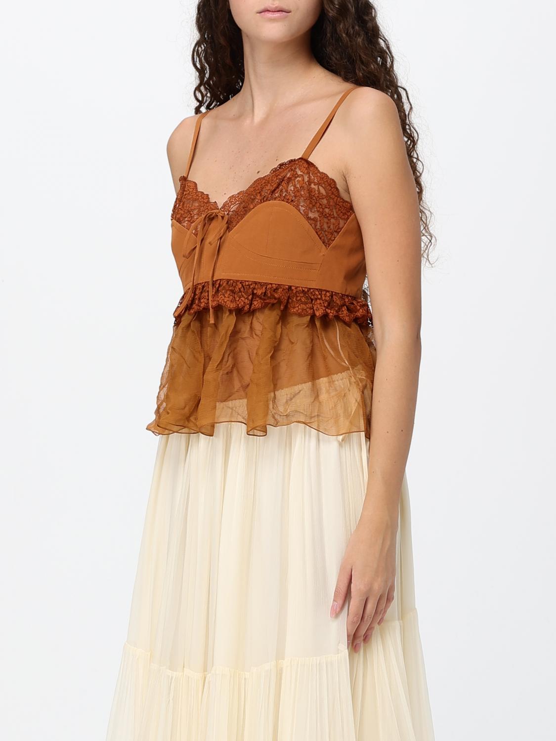 CHLOÉ TOP: Chloé Off-the-Shoulder Pleated Lace and Tulle Evening Top, Brown - Img 4