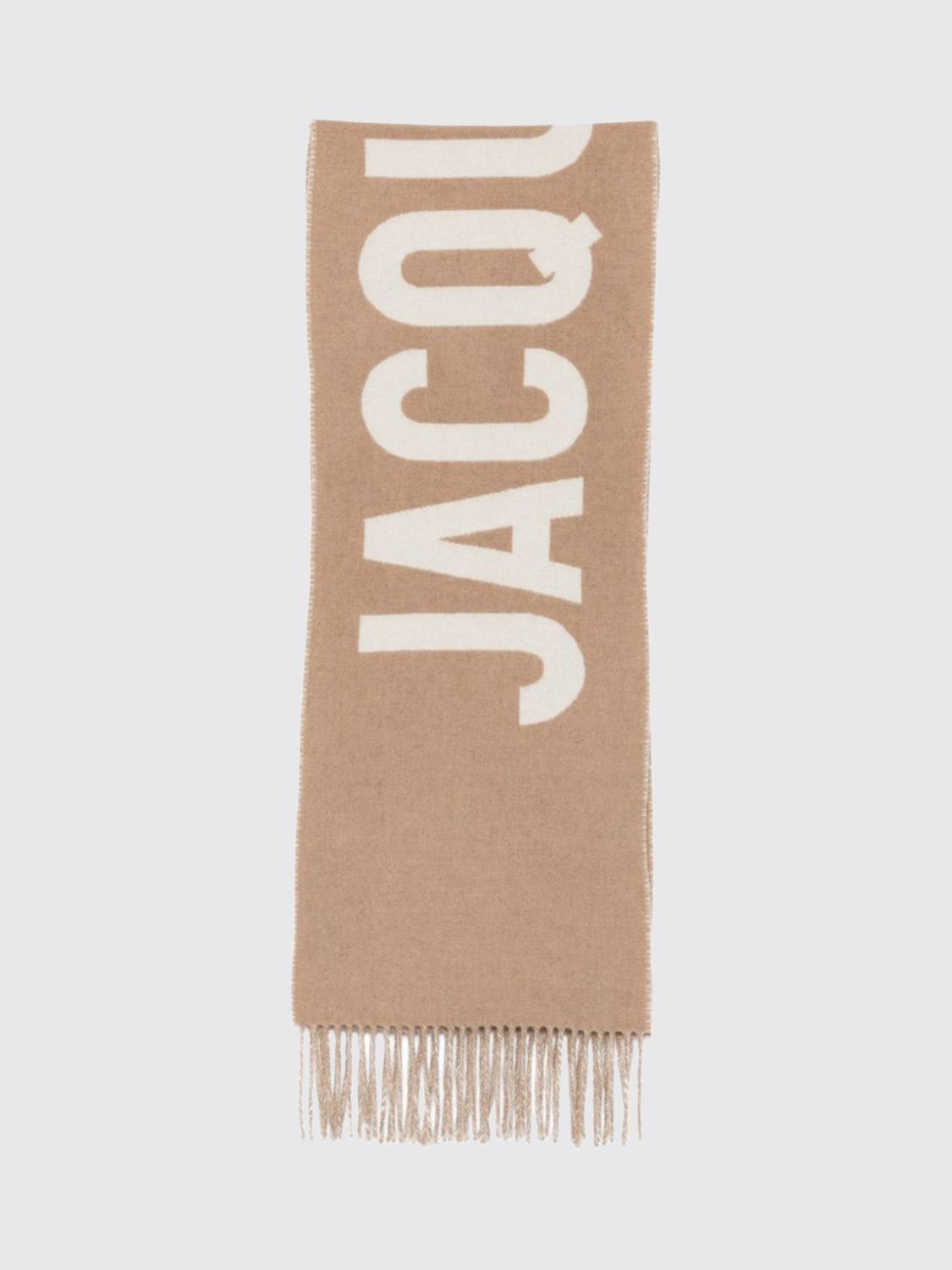 JACQUEMUS SCARF: Jacquemus Cotton Scarf with Contrasting Jacquard Logo and Fringed Edges, Grey 1 - Img 1