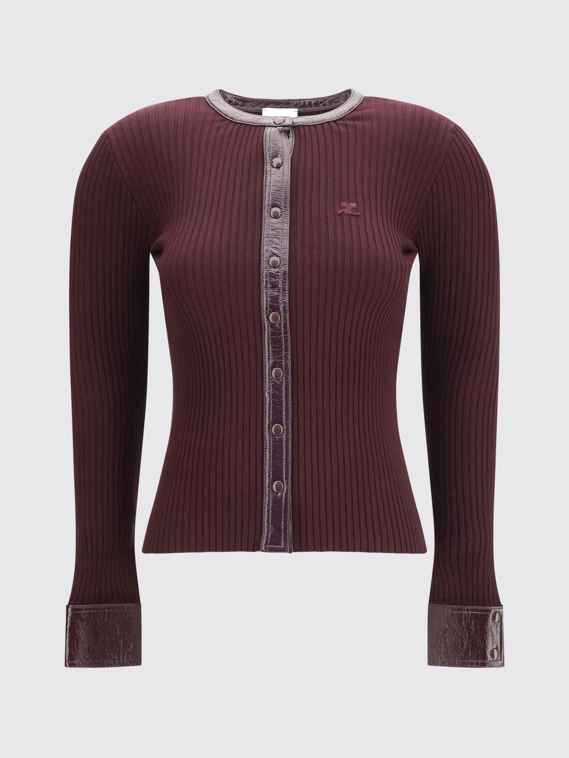 COURRÈGES PULLOVER: Courrèges Slim Fit Cardigan aus geripptem Jersey mit Rundhalsausschnitt, Burgunderrot - Img 2