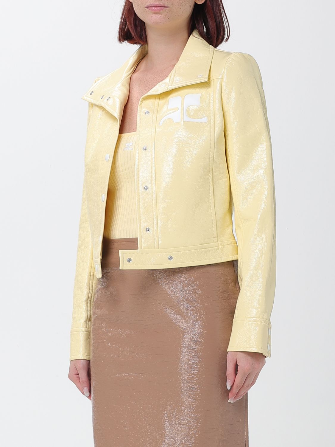 COURRÈGES JACKET: Courrèges Contrast-Logo Cropped Faux Leather Jacket, Yellow - Img 4