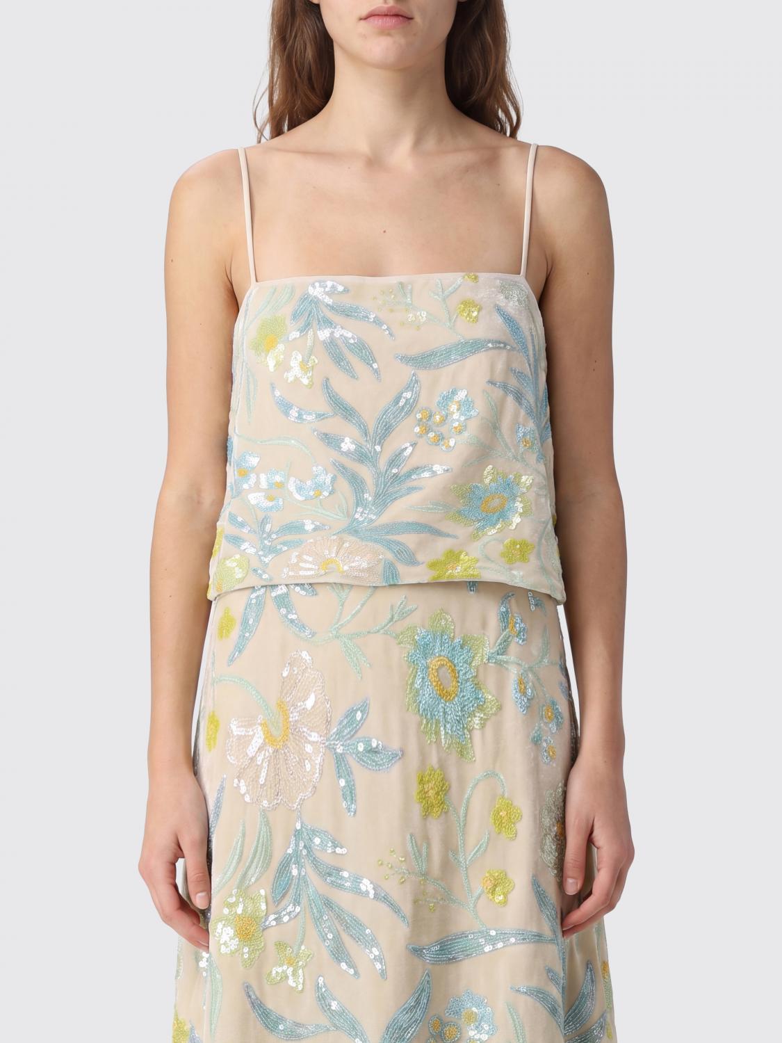 BAUM UND PFERDGARTEN TOP: Top cropped Baum und Pferdgarten con ricamo floreale e paillettes, Beige - Img 1