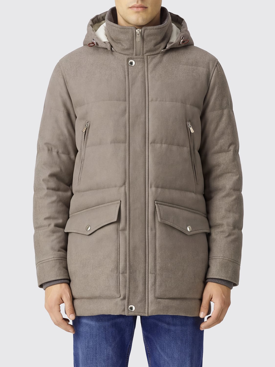 BRUNELLO CUCINELLI MANTEL: Gefütterter Brunello Cucinelli Wollparka mit abnehmbarer Kapuze, Beige - Img 1