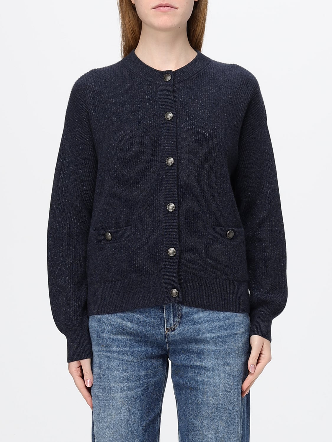 BRUNELLO CUCINELLI PULL: Cardigan à col rond Brunello Cucinelli en pur cachemire avec poches plaquées, Bleu Marine - Img 1