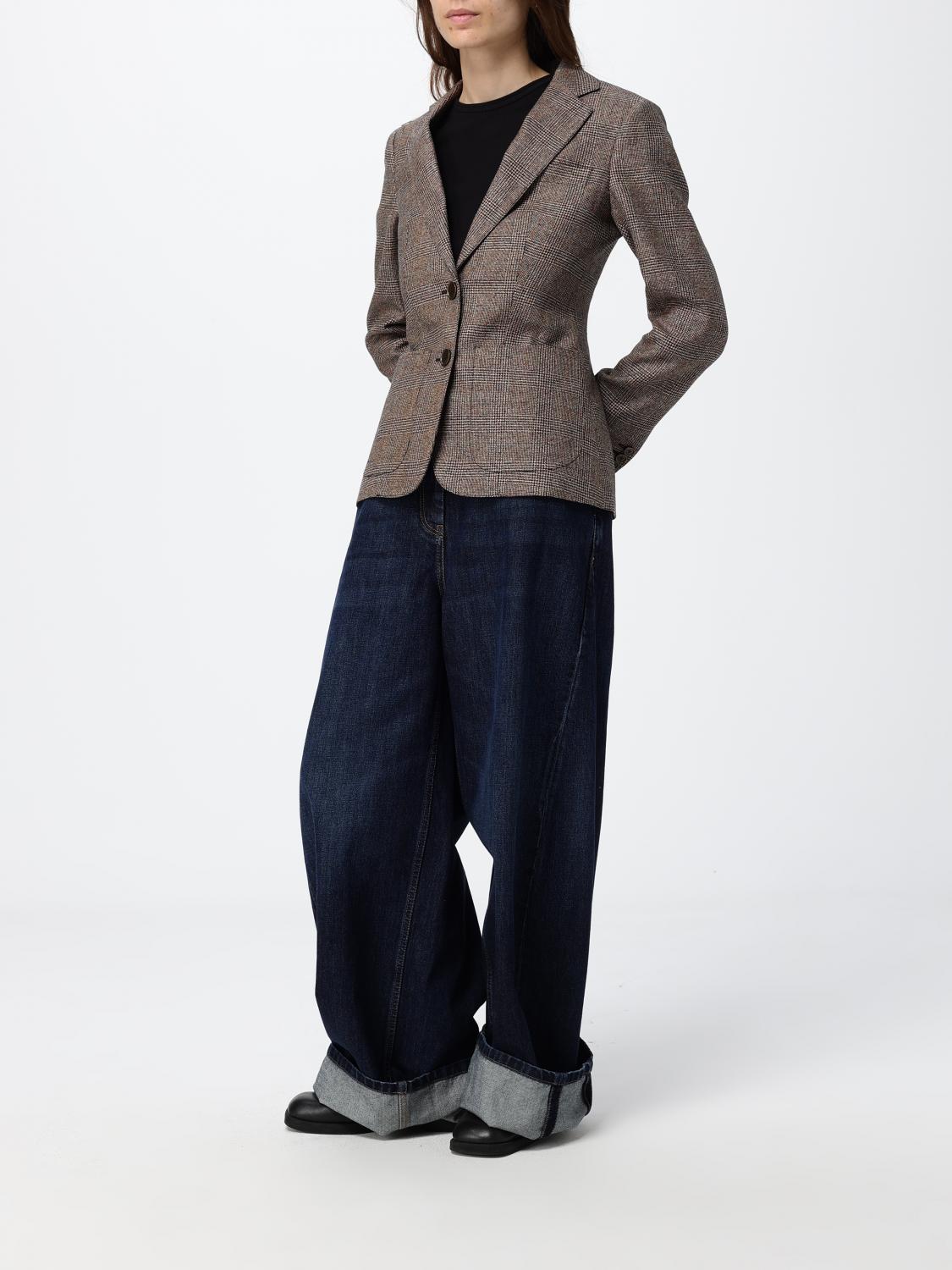 BURBERRY GIACCA: Blazer monopetto Burberry slim fit in lino e lana con motivo tartan, Beige - Img 2