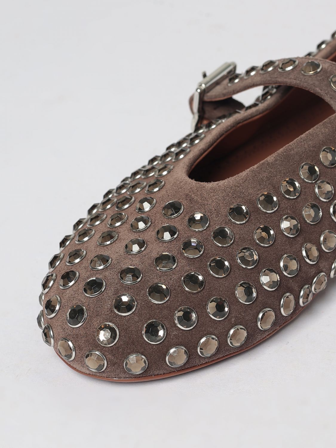 ALAÏA 발레 플랫: ALAÏA 라인스톤 장식 스웨이드 메리 제인 발레 플랫, 브라운 - Img 4