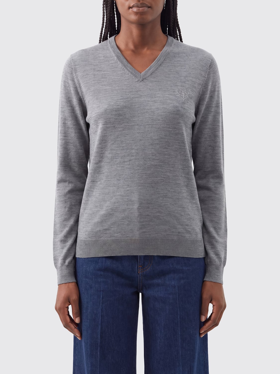 GUCCI PULL: Pull Gucci à col en V en pure laine avec bords côtelés, Gris - Img 1
