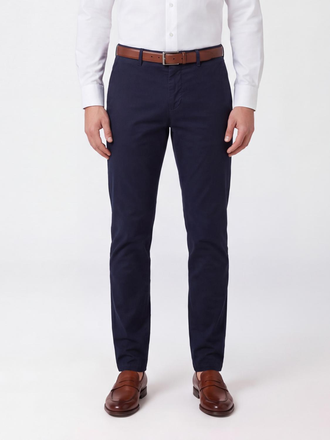 BRUNELLO CUCINELLI PANTS: Slim Fit Stretch Cotton Chino Trousers Brunello Cucinelli with Pleats, Navy - Img 1