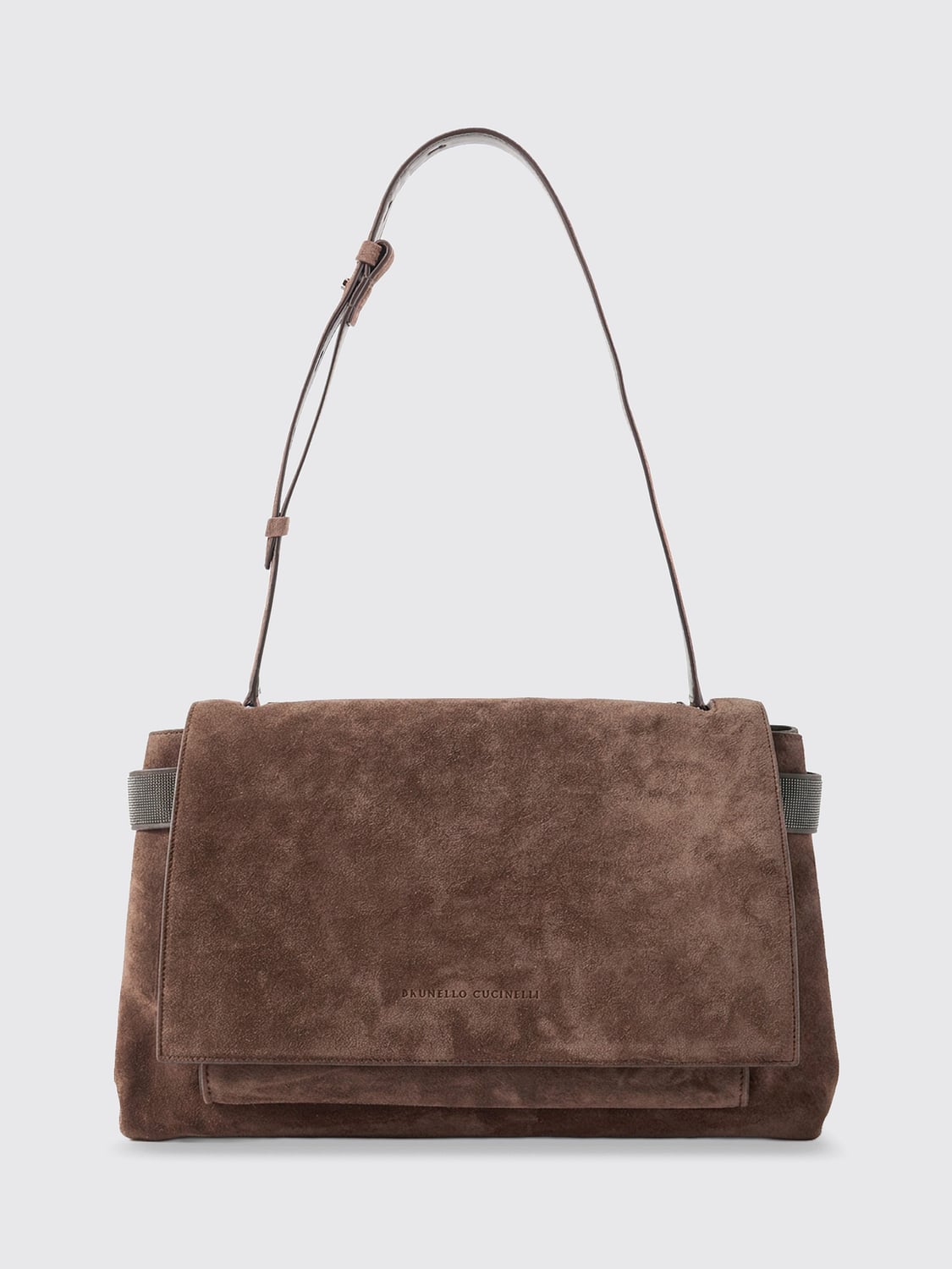 BRUNELLO CUCINELLI BORSA A SPALLA: Borsa a spalla Brunello Cucinelli in pelle scamosciata con applicazione monile, Caffe - Img 1