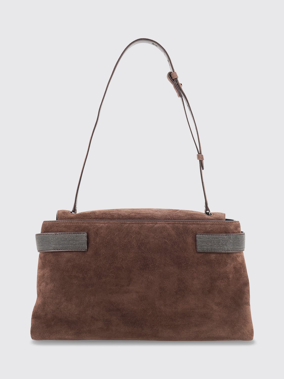 BRUNELLO CUCINELLI BORSA A SPALLA: Borsa a spalla Brunello Cucinelli in pelle scamosciata con applicazione monile, Caffe - Img 2