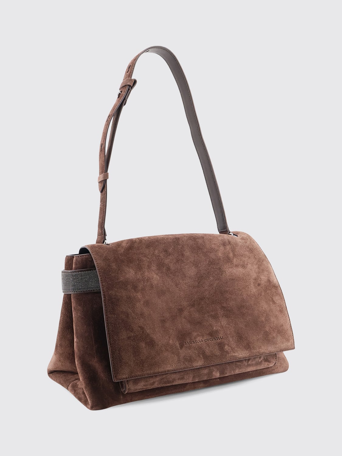 BRUNELLO CUCINELLI BORSA A SPALLA: Borsa a spalla Brunello Cucinelli in pelle scamosciata con applicazione monile, Caffe - Img 3