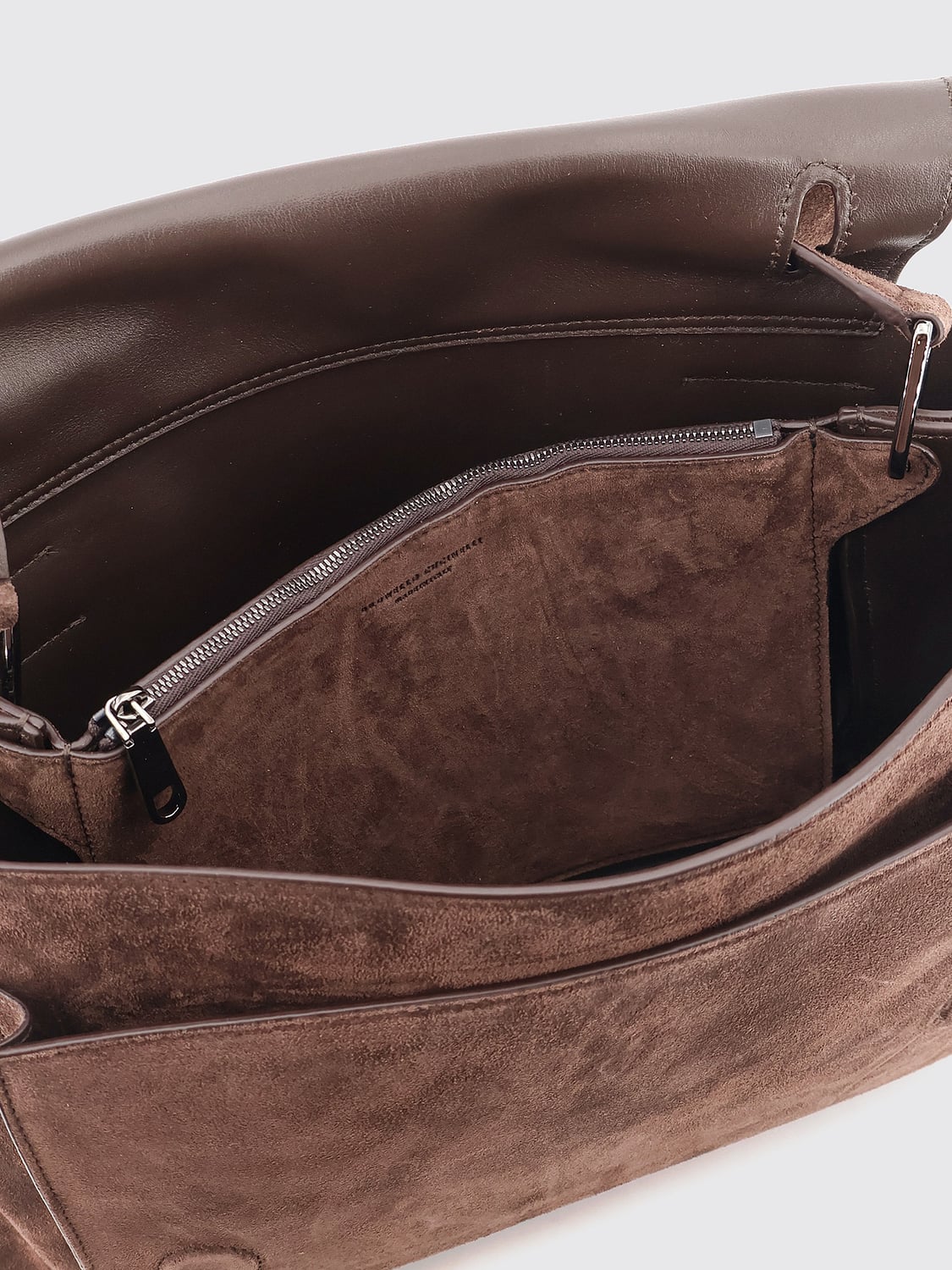 BRUNELLO CUCINELLI BORSA A SPALLA: Borsa a spalla Brunello Cucinelli in pelle scamosciata con applicazione monile, Caffe - Img 4