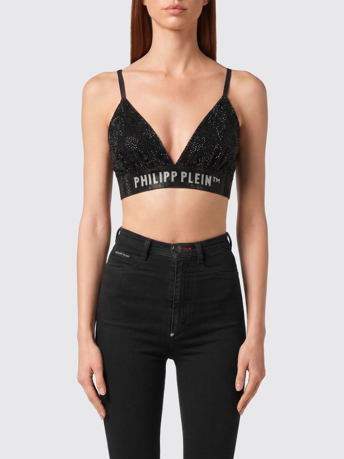 PHILIPP PLEIN TOP: Gekürztes Top Philipp Plein mit schmalen Trägern und Strass-Logo, Schwarz - Img 1