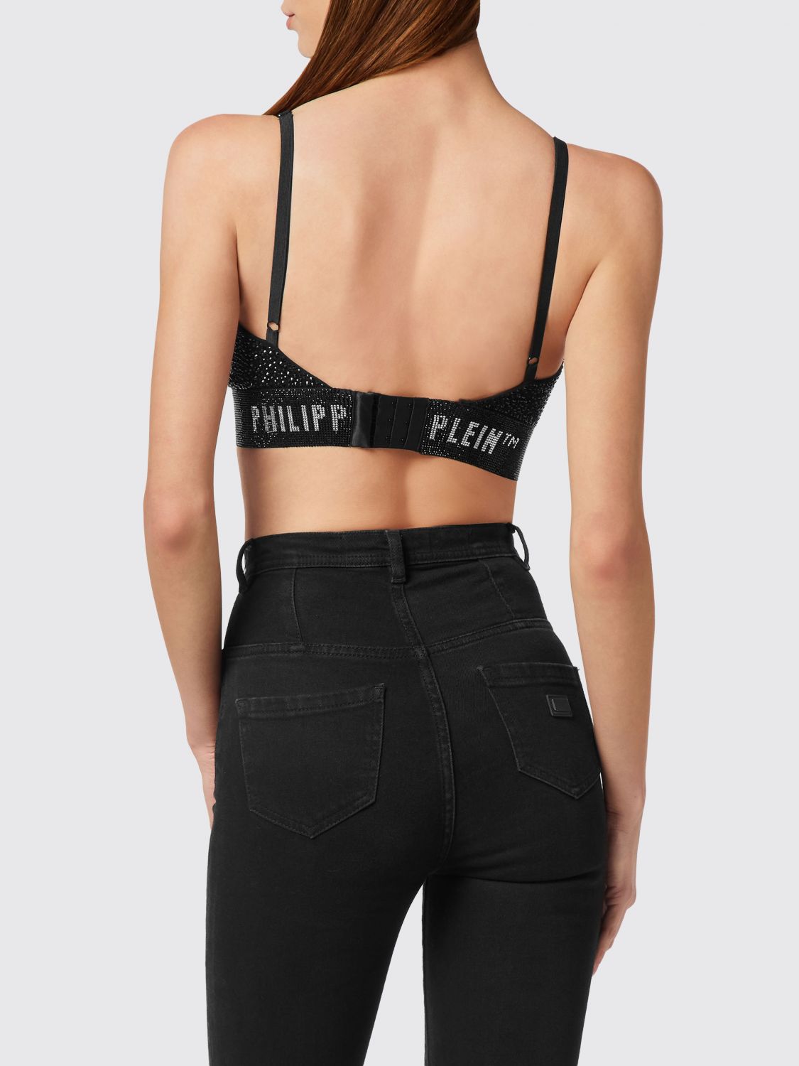 PHILIPP PLEIN TOP: Gekürztes Top Philipp Plein mit schmalen Trägern und Strass-Logo, Schwarz - Img 2
