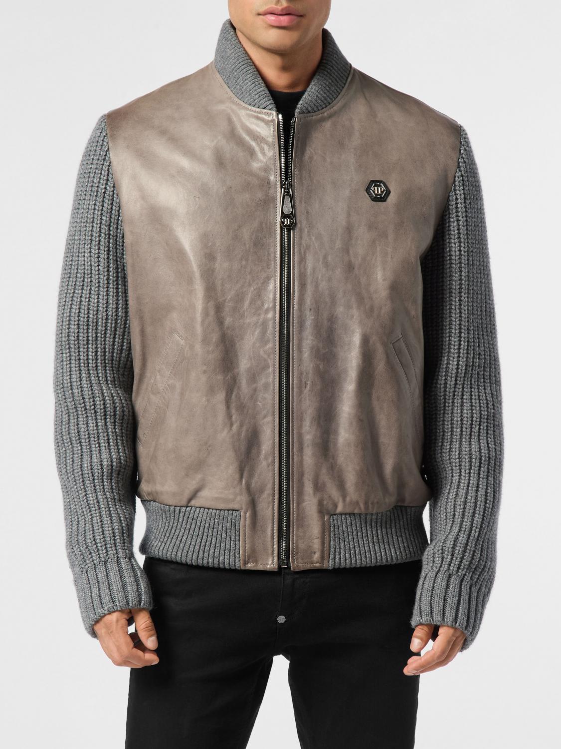 PHILIPP PLEIN JACKET: Philipp Plein Ribbed Wool Bomber Jacket with Calfskin Sleeves and Hexagon Logo, Grey - Img 1