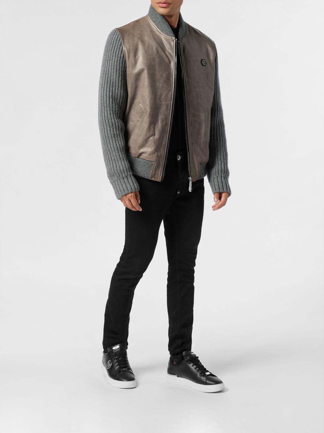 PHILIPP PLEIN JACKET: Philipp Plein Ribbed Wool Bomber Jacket with Calfskin Sleeves and Hexagon Logo, Grey - Img 2