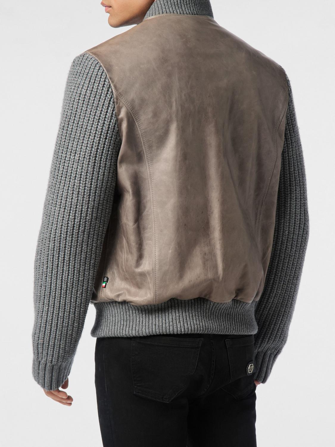 PHILIPP PLEIN JACKET: Philipp Plein Ribbed Wool Bomber Jacket with Calfskin Sleeves and Hexagon Logo, Grey - Img 3