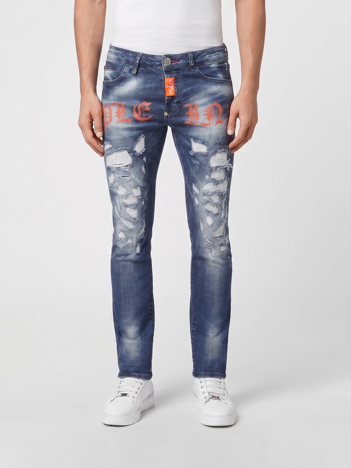 PHILIPP PLEIN JEANS: Jeans skinny Philipp Plein in denim distressed con stampa logo all-over, Arancione - Img 1